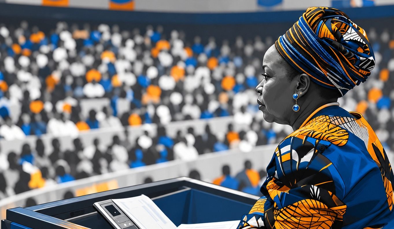 Illustration: a woman addressing a large assembly